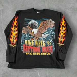 Vintage Bike Week Shirt Men Large Black 90s Flame Sleeve Lightning 1995 AOP RARE